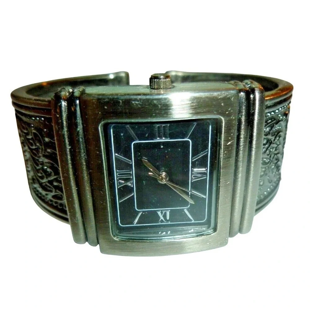 Silver Tone Filigree Cuff Bangle Watch Black Roman Numeral‎ Dial Jewelry